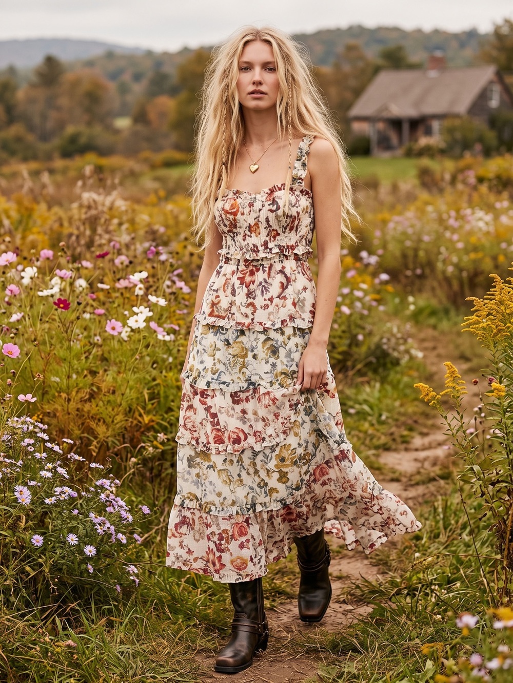 Anthropologie Sleeveless Square-Neck Ruffle Tiered Midi Dress Fall Floral Large